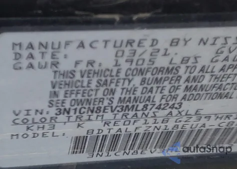 2021 Nissan Versa Sv Xtronic Cvt from USA, damaged, VIN 3N1CN8EV3ML874243